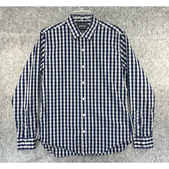 Bonobos Shirt Men Large Slim Fit Button Up Long Sleeve Gray Blue Plaid Check - Picture 1 of 10